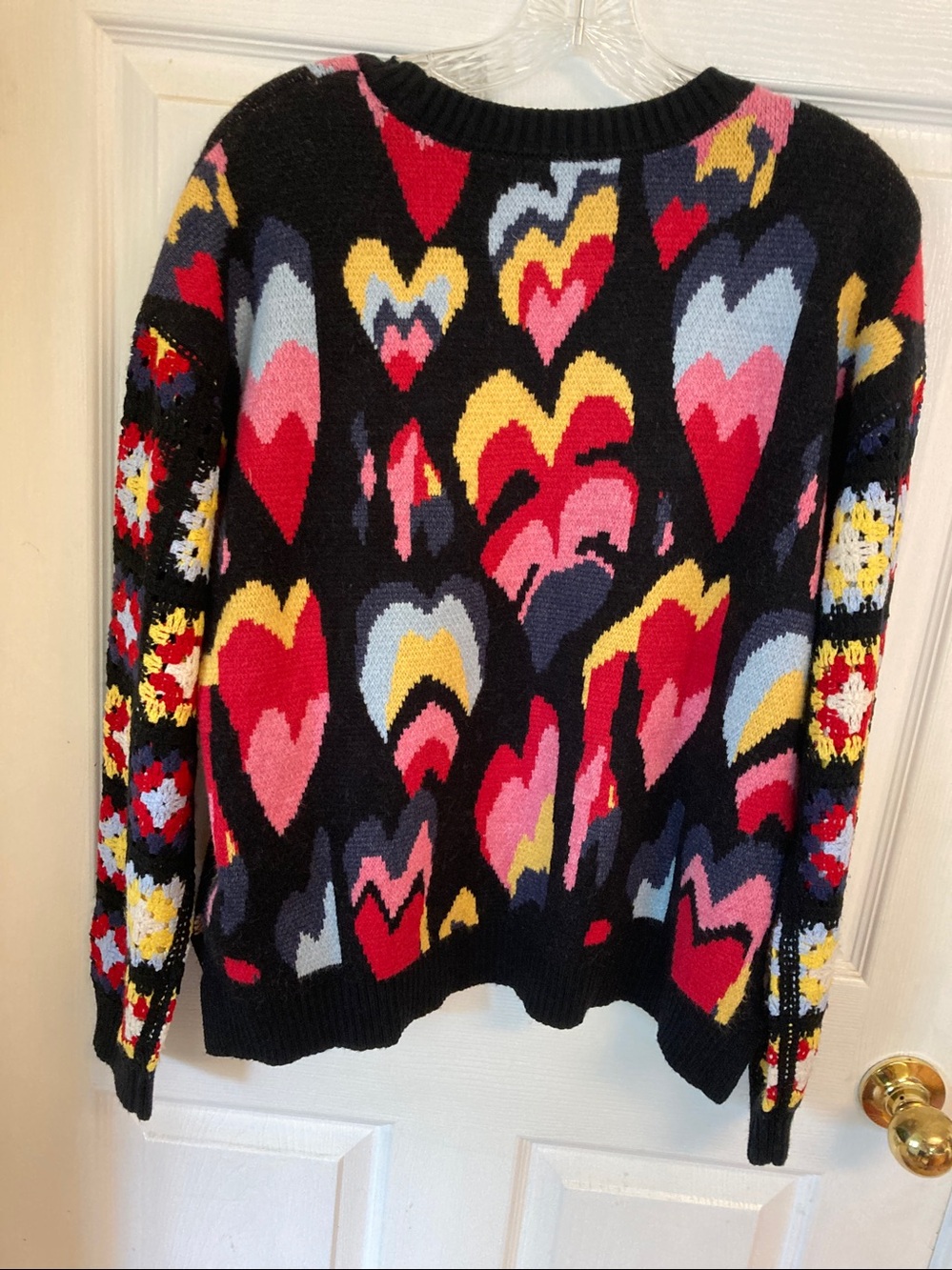 CHARLIE B Sweater with crochet sleeves: Red, Pink, Yellow & Blue Heart Motif - Picture 6 of 8